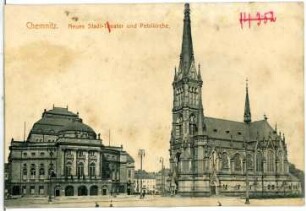 Chemnitz. Neues Theater und Petrikirche