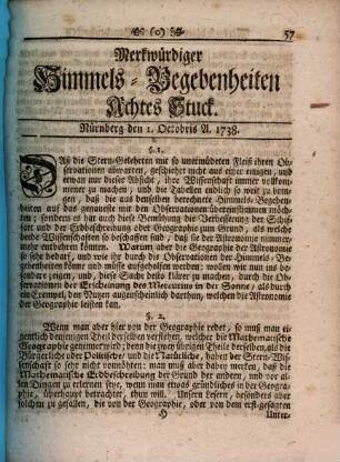 Merkwürdiger Himmels-Begebenheiten Stück ..., 1738,8 (Okt.)