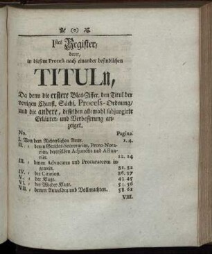 I stes Register, derer, in diesem Process nach einander befindlichen Tituln, ...
