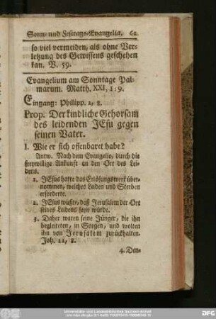 Evangelium am Sonntage Palmarum. Matth. XXI, 1 - 9.