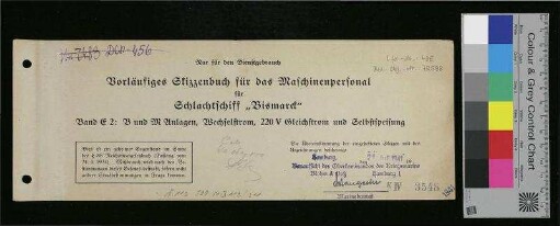 Vorläufiges Skizzenbuch für das Maschinenpersonal für Schlachtschiff "Bismarck"