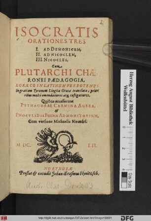 Isocratis Orationes Tres : I. Ad Demonicum, II. Ad Nicoclem, III. Nicocles