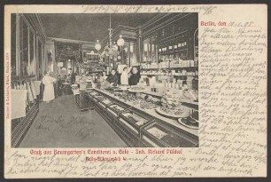 Ansichtskarte "Baumgarten’s Conditorei und Café", Verkaufsraum, Belle-Alliance-Platz