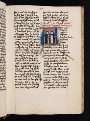Historisierte Initiale: Mechthild von Klingenberg und eine zweite Schwester, stehend und betend