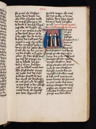 Historisierte Initiale: Mechthild von Klingenberg und eine zweite Schwester, stehend und betend