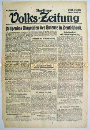 Titelblatt der "Berliner Volks-Zeitung" zur Drohung der Entente, Deutschland zu besetzen