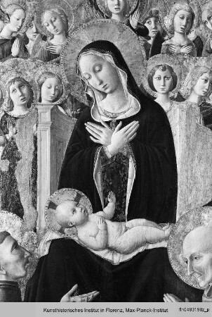 Thronende Maria mit Kind, Engeln, den Heiligen Franziskus und Bernhardin von Siena sowie dem Stifter