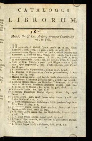 1-12, Medici, Gr. & Lat. Arabes, eorumque Commentatores, in Folio. - Dictionaires, in Folio.