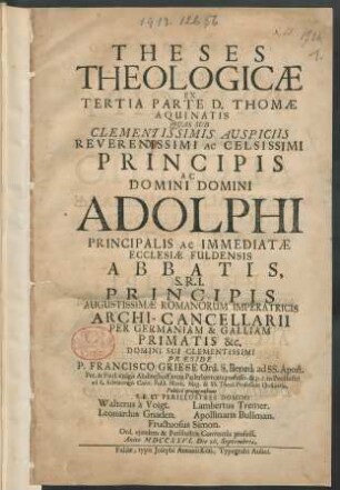 Theses Theologicæ Ex Tertia Parte D. Thomæ Aquinatis