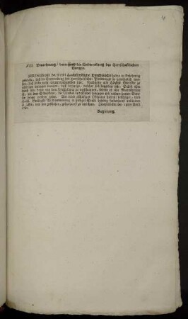 VIII. Verordnung, betreffend die Endwendung des Herrschaftlichen Dunges : Zweybrücken den 14ten April 1760.