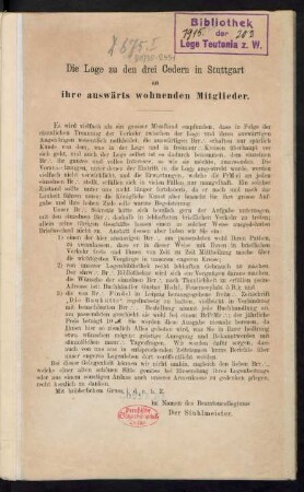 Die Loge zu den Drei Cedern in Stuttgart an ihre auswärts wohnenden Mitglieder