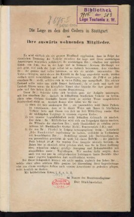 Die Loge zu den Drei Cedern in Stuttgart an ihre auswärts wohnenden Mitglieder