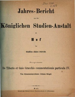 Jahresbericht über die Königliche Studienanstalt zu Hof : für das Schuljahr .... 1868/69 (1869)