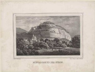 Der Berg Oybin im Zittauer Gebirge mit den Ruinen von Süden über das Dorf Oybin gesehen, aus: "Der Oybin mit zwölf malerischen Ansichten ..." von Sommer und Arldt