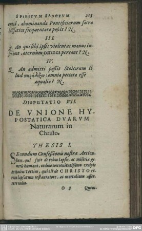 Disputatio VII. De Unione Hypostatica Duarum Naturarum in Christo