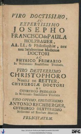 Viro Doctissimo Ac Expertissimo Josepho Francisco de Paula Holzbauer ...