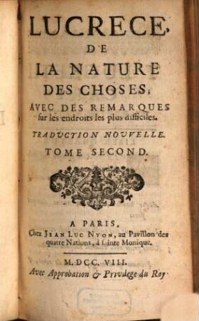 De la nature des choses : avec des remarques sur les endroits les plus difficiles ; traduction nouvelle, 2