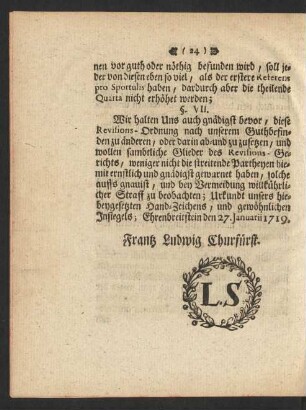 Ehrenbreitstein den 27. Januarii 1719. Frantz Ludwig Churfürst