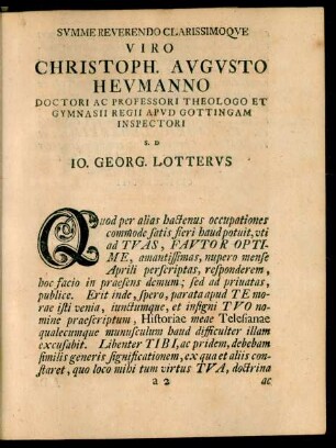 Summe Reverendo Clarissimoque Viro Christoph. Augusto Heumanno