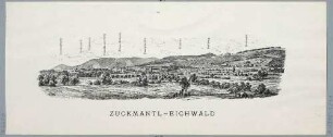 Panoramaansicht von Eichwald (heute Dubí) bis Zuckmantel (heute Pozorka, Stadtteil von Dubí) nordwestlich von Teplitz (heute Teplice) in Böhmen, entlang der Dux-Bodenbacher Eisenbahnlinie, mit Legende