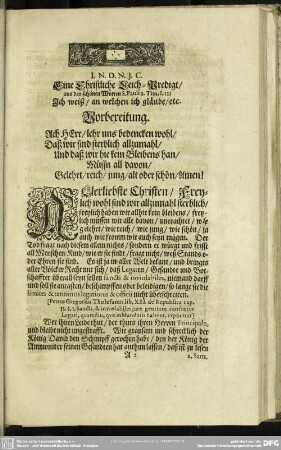 Leichenpredigt : Eine Christliche Leich-Predigt, ..., Vorbereitung, Leichen-Text, Eingang, Abhandlung