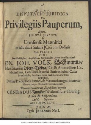 Disputatio Iuridica De Privilegiis Pauperum