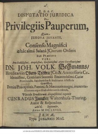 Disputatio Iuridica De Privilegiis Pauperum