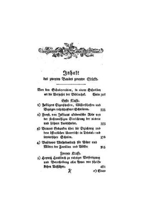Inhalt des zweyten Bandes zweyten Stücks