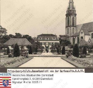 Darmstadt, Prinz Georg Palais - Bild 1 bis 3: Gesamtansicht mit Remisengebäude von der Gartenseite / Bild 4: Orangeriegebäude mit Gartenzaun