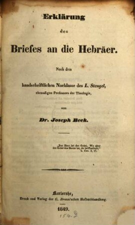 Erklärung des Briefes an die Hebräer : nach dem handschriftlichen Nachlasse