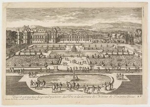 Veüe et perspectiue du grand parterre du Tibre et du derriere du Cháteau de Fontaine-bleau