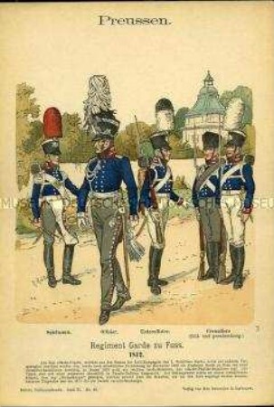 Uniformdarstellung, Tambour, Offizier, Unteroffizier und Grenadiere des 1. Garde-Grenadier-Regiments zu Fuß, Königreich Preußen, 1812.