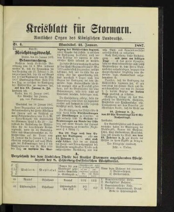 A. Verzeichniß der dem ländlichen Theile des Kreises Stormarn angehörenden Wahlbezirke des 8. Schleswig-Holsteinischen Wahlkreises.