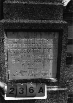 Grabstein 236 (Index: 99796987) Material: Granit, weiße Marmorplatte Zustand: gut Maße HxBxT: 265x73x60 cm Beschreibung: psotamentierter Obelisk, rechteckige Schriftplatte: Grabstein 236A