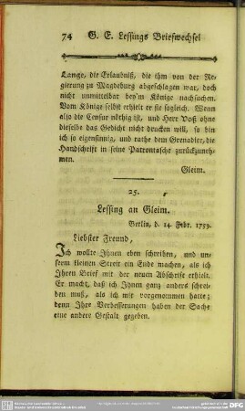 25. Lessing an Gleim. Berlin, den 14. Febr. 1759