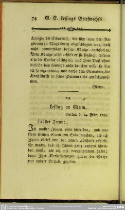 25. Lessing an Gleim. Berlin, den 14. Febr. 1759