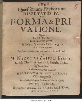 Quaestionum Physicarum Disputatio IV. De Forma & Privatione
