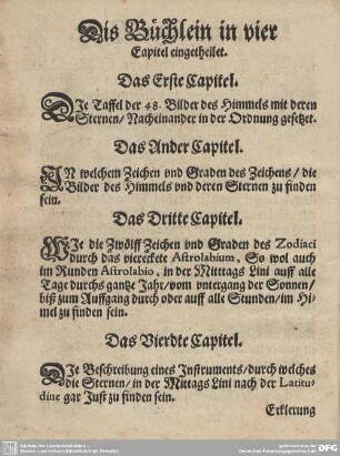 Dis Büchlein in vier Capitel eingetheilet.