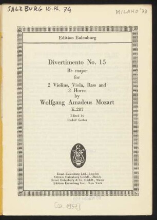 Divertimento No. 15 : B♭ major : for 2 violins, viola, bass and 2 horns : K. 287