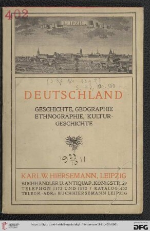 Nr. 402: Katalog: Deutschland : Geschichte, Geographie, Ethnographie, Kulturgeschichte