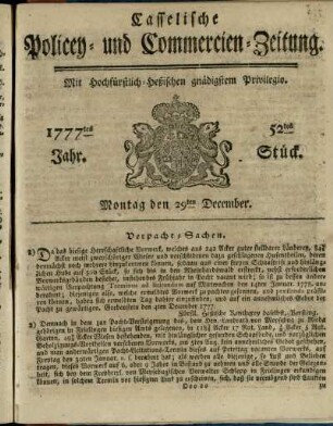 52tes Stueck, Montag den 29ten December 1777