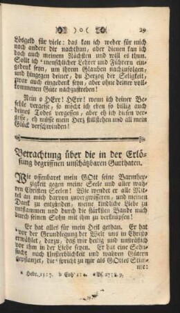 Betrachtung über die in der Erlösung begriffnen unschätzbaren Gutthaten.