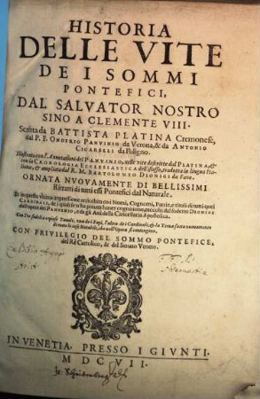 Historia delle vite de i sommi pontefici : dal Salvator Nostro sino a Clemente VIII.