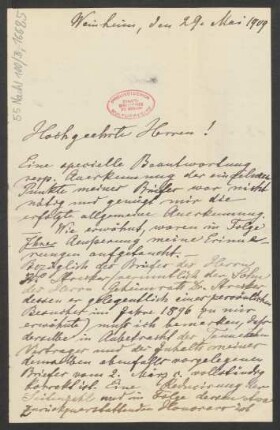 Brief an B. Schott's Söhne : 29.05.1909
