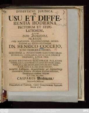 Dissertatio Juridica, De Usu Et Differentia Hodierna Pactorum Et Stipulationum