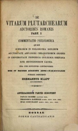 De vitarum Plutarchearum auctoribus Romanis part. 1. Commentatio philologica