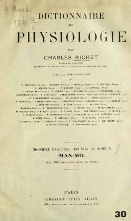 10: Dictionnaire de physiologie vol. 10: Man [corr.: Lan] - Mo