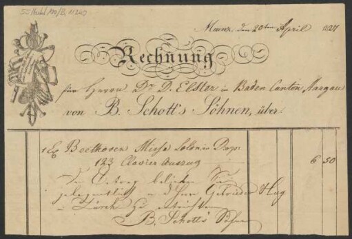 Rechnung [...] über 1 Ex Beethoven Missa Solem. in D. op. 123 Clavier Auszug