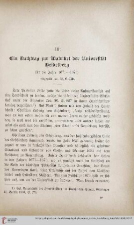 Ein Nachtrag zur Matrikel der Universität Heidelberg : für die Jahre 1671-1673