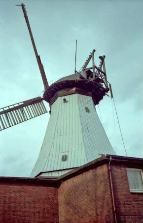 Braaker Mühle: Teilansicht: Unterbau [angeschnitten]: oben Mühlenturm mit Kappe, Flügel mit Schäden, Gestell von Windrose